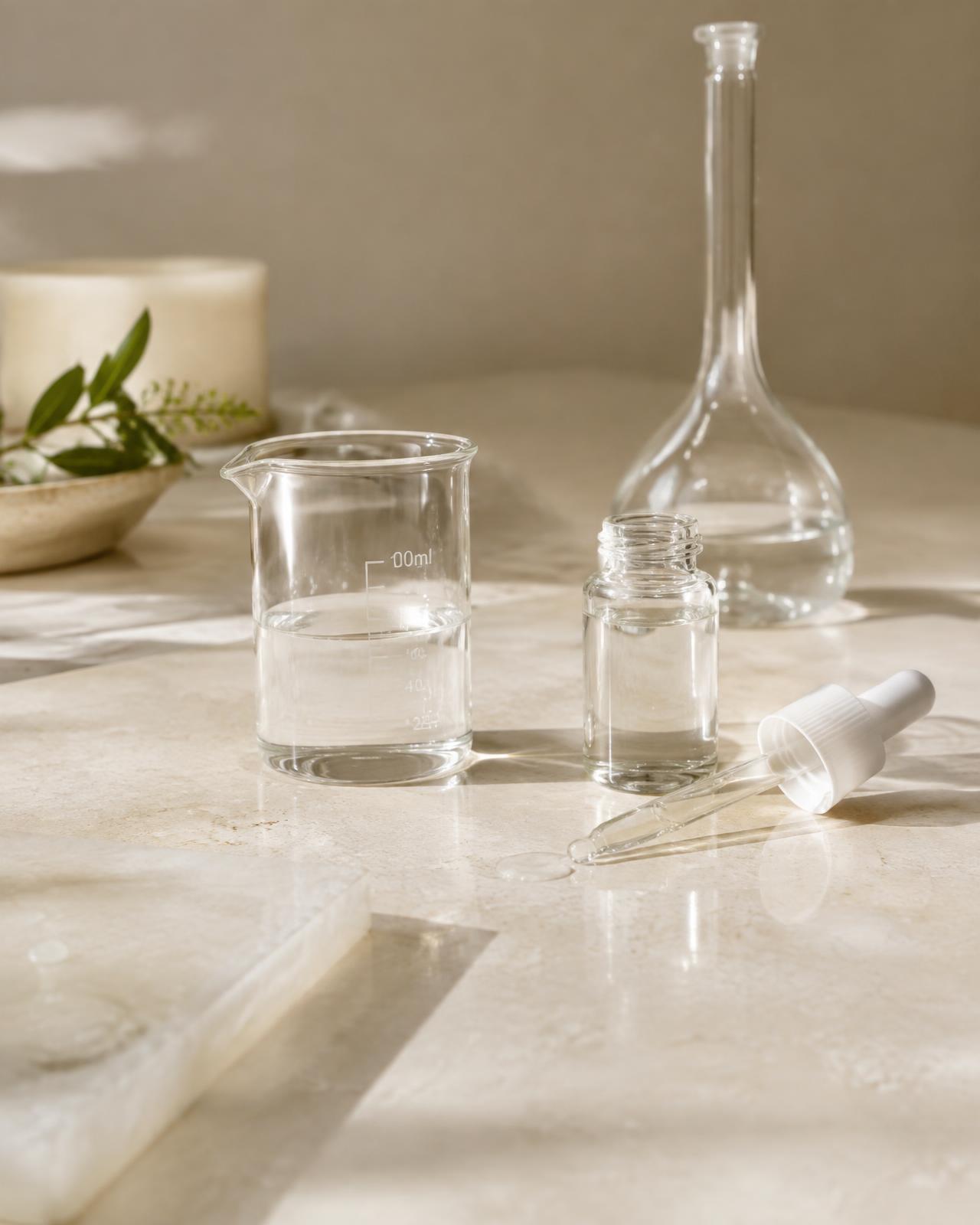 Glass beakers of serum in a formulation laboratory